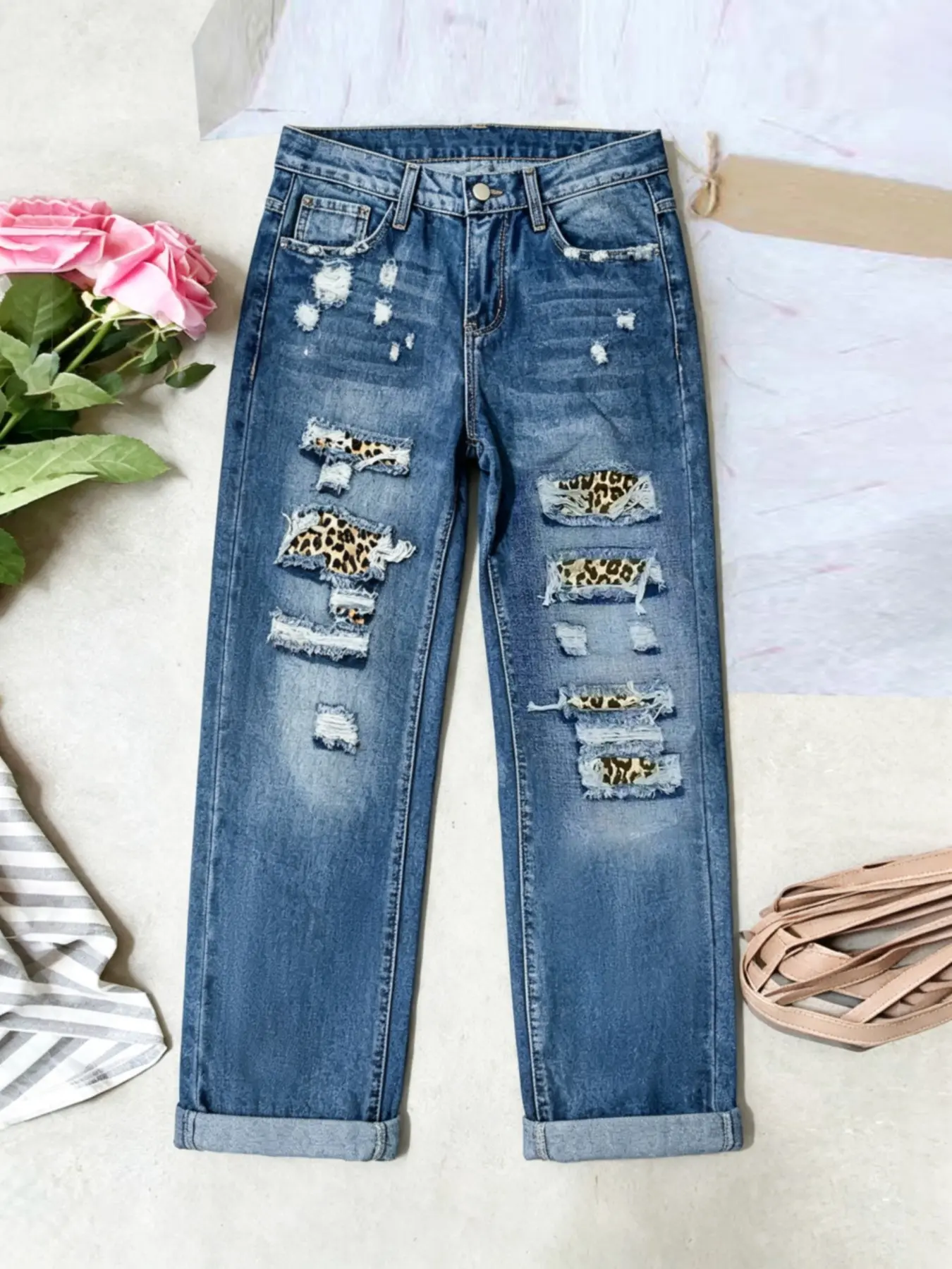 Spring Autumn Women's Denim Jeans, Patchwork Leopard Print, Ripped Design, Comfortable Loose Fit, Casual Street Style, Ideal for Travel & Daily Wear