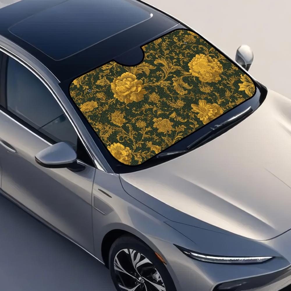 1pc, Golden Floral Elegance Pattern Car Windshield Sunshade, Compact Folding Sun Visor for Front Windshield, Ensures Comfort During Long Drives and Weekend Parking