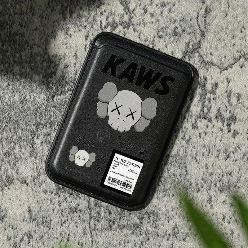 Trendy KAWS Collage Magnetic Smartphone Card Holder - Strong Polyurethane Leather Handheld Cover for iPhone 17/16/15/14/13/12, Samsung/Google/Motorola, Holds 2 Cards, Includes Free Metal Ring Adapter for Cellphone Protection, Mobile