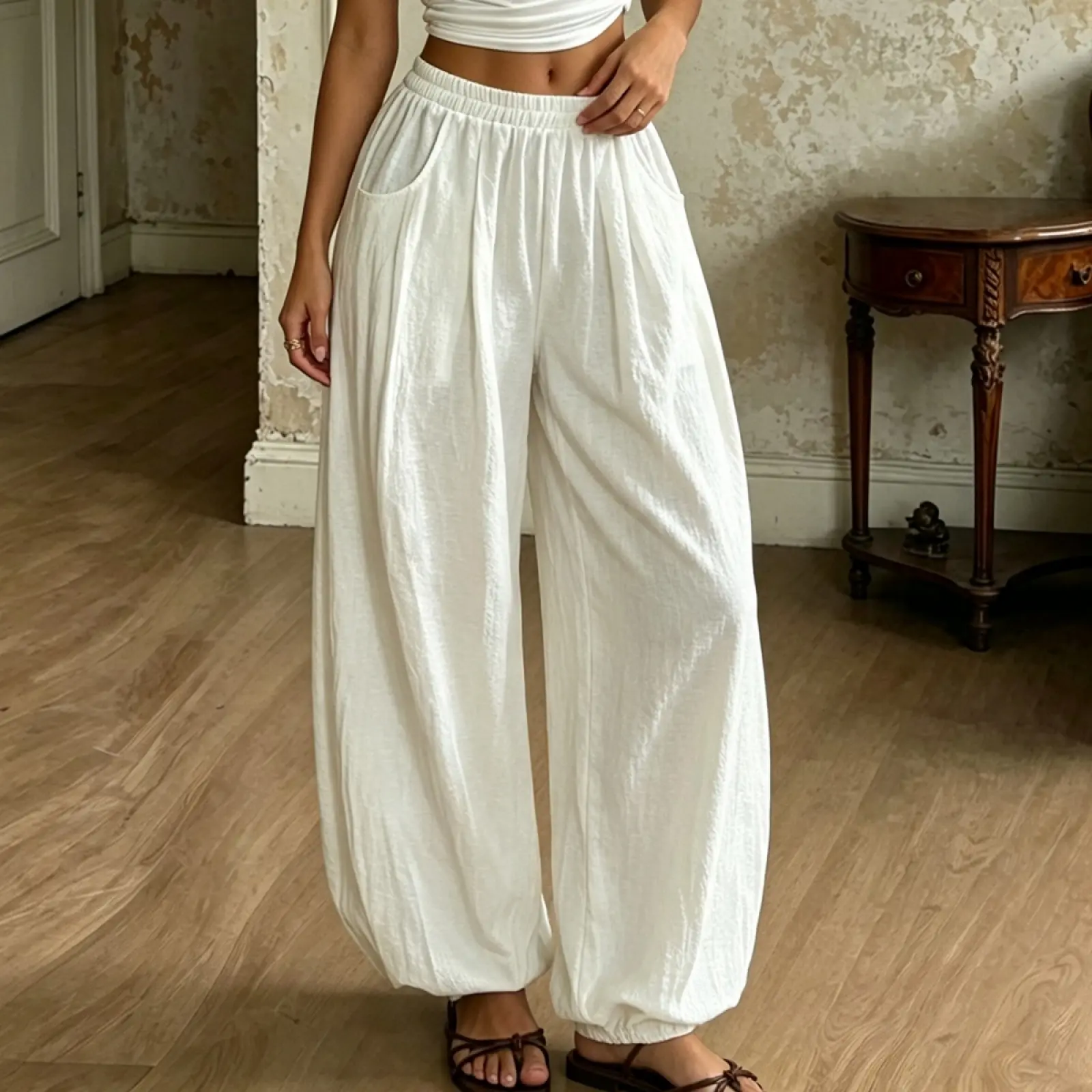 Women's Baggy Balloon Pants High Waist Barrel Lantern Trousers with Pockets