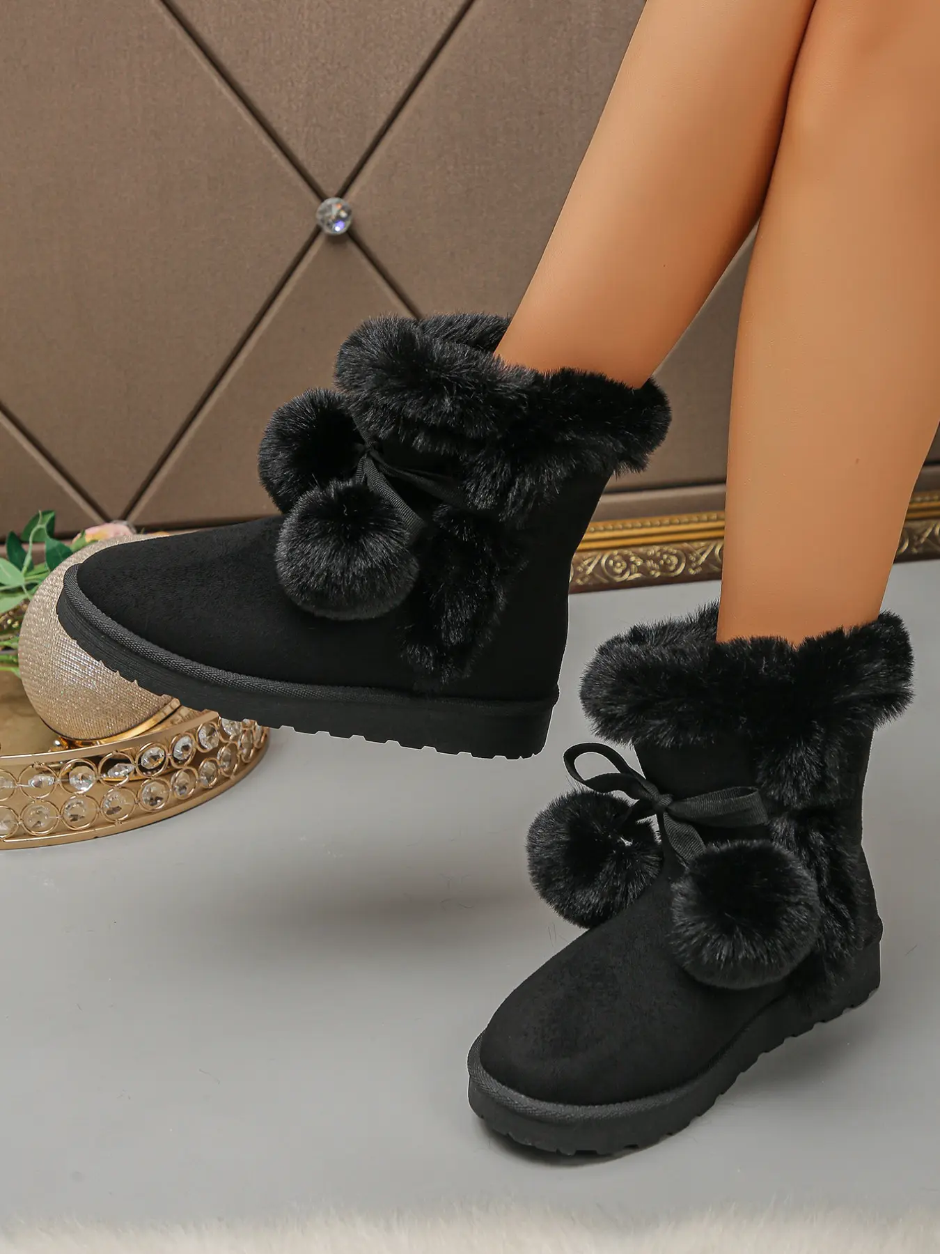 Women Mid Calf Winter Snow Boots, Furry Trim Opening With Pom Pom Bow Decor Ankle Booties, Pull-on Solid Color Short Winter Boots, Fashion Warm Ankle Boots for Daily Street Wear, Holiday Shopping, Outdoor Walks, Winter Vacation & Cold Season Outfit Matchi