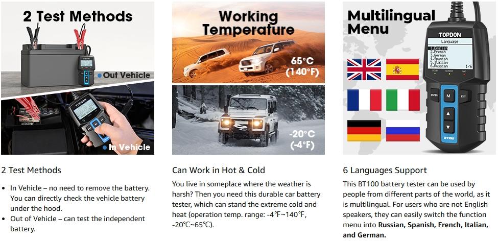 TOPDON BT100 Car Battery Tester 12V Load Tester, 100-2000 CCA Automotive Alternator Tester Digital Auto Battery Analyzer Charging Cranking System Tester for Car Truck Motorcycle ATV SUV Boat Yacht Charger