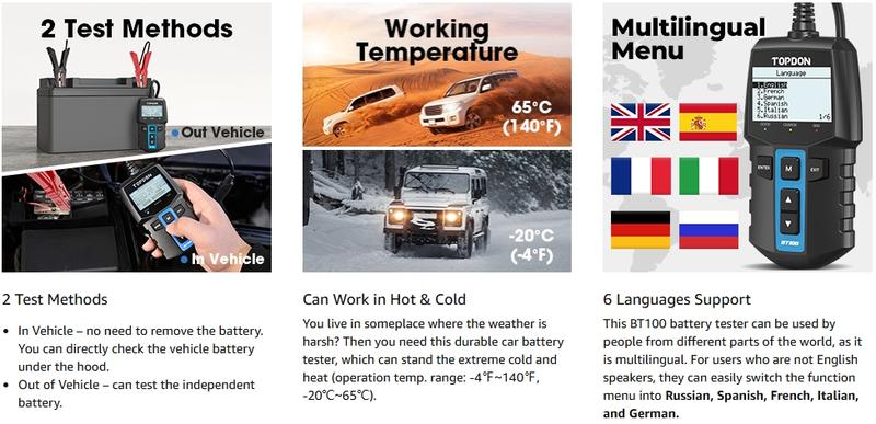 TOPDON BT100 Car Battery Tester 12V Load Tester, 100-2000 CCA Automotive Alternator Tester Digital Auto Battery Analyzer Charging Cranking System Tester for Car Truck Motorcycle ATV SUV Boat Yacht Charger TOPDON BT100 Car Battery Tester 12V Load Tester, 100-2000 CCA Automotive Alternator Tester Digital Auto Battery Analyzer Charging Cranking System Tester for Car Truck Motorcycle ATV SUV Boat Yacht Charger