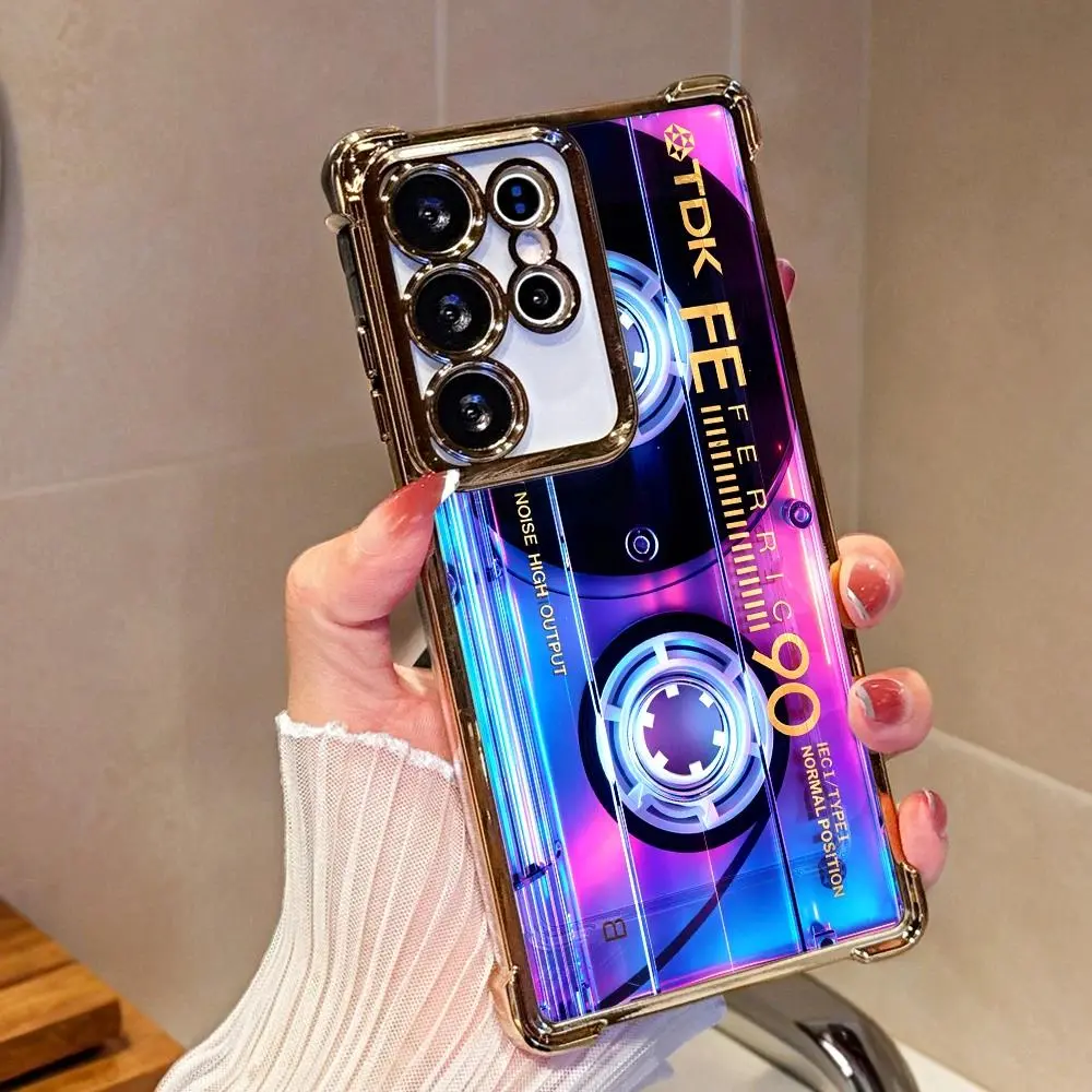 Neon Cassette Tape Electroplated Clear Corner Shockproof Case Phone Cover For Samsung S26 S25 S24 S23 A57 A53 A37 A10S