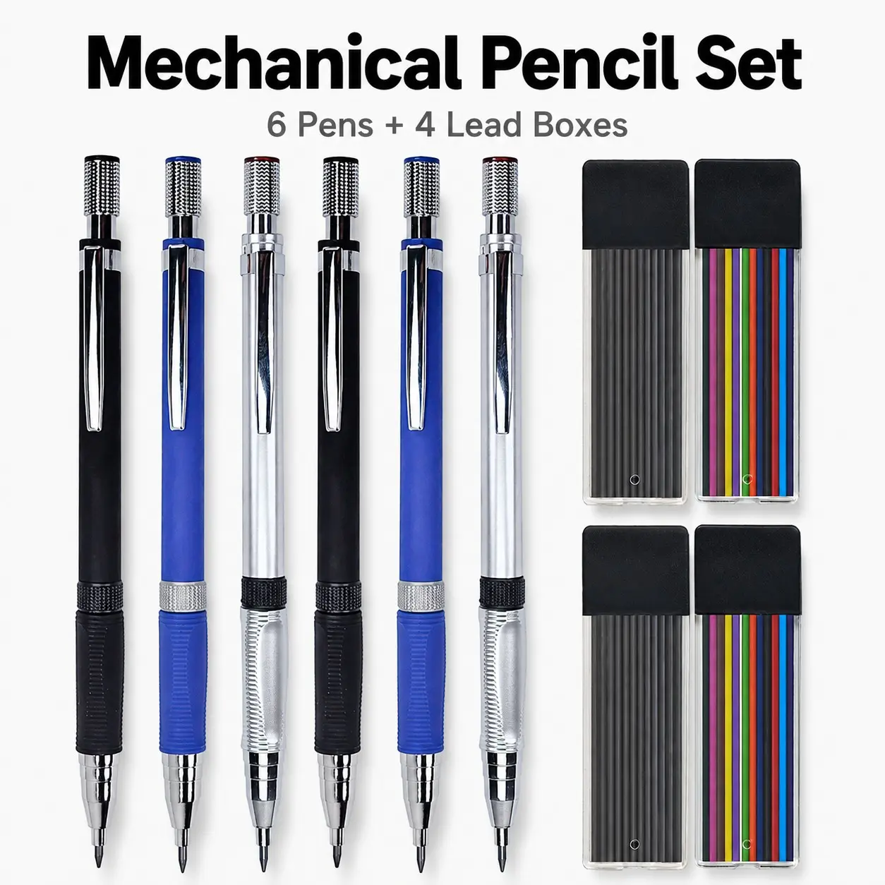 2.0mm Mechanical Pencil Set 6 Pack, Metal Drafting Pencils with Hb Graphite Leads, School Office Supplies, Students Artists Engineers