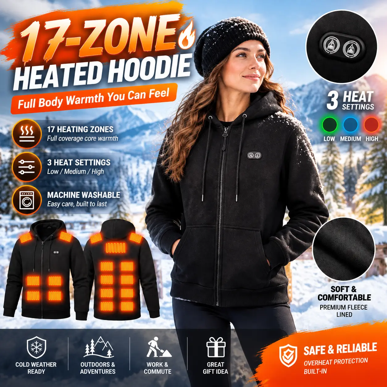Winter Essential 17-Zone Heated Zip-Up Hoodie, Unisex USB Thermal Jacket with Adjustable Hood, Dual Front-and-Back Heating Control and 3 Temperature Settings for Commuting, Outdoor Work and Weekend Adventures