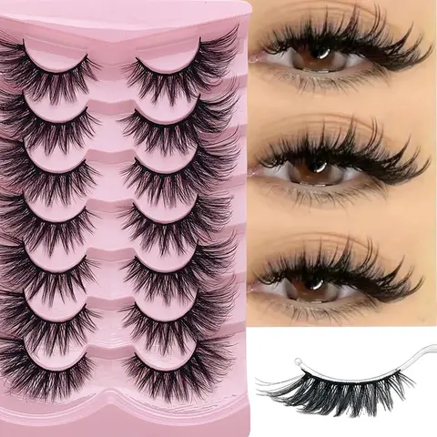 Cat Eye False Eyelashes, 7 Pairs Wispy Look Faux Cluster Lashes, Natural Curling Makeup Strip Lashes for Women & Girls Eye Makeup Enhancement, Fluffy Eyelash Clusters, Volume False Lashes, Fake Lash Cosmetic
