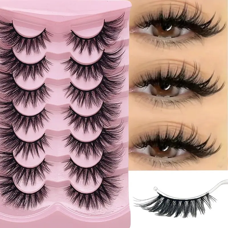 Cat Eye False Eyelashes, 7 Pairs Wispy Look Faux Cluster Lashes, Natural Curling Makeup Strip Lashes for Women & Girls Eye Makeup Enhancement, Fluffy Eyelash Clusters