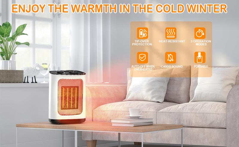 R.W.FLAME Indoor Small Heater, 1500W/950W PTC Ceramic Heater with Thermostat, 3 Modes, Overheat & Tip Protection, Small Size, Easy to Carry, Suitable for Bedroom, Living Room, Dormitory