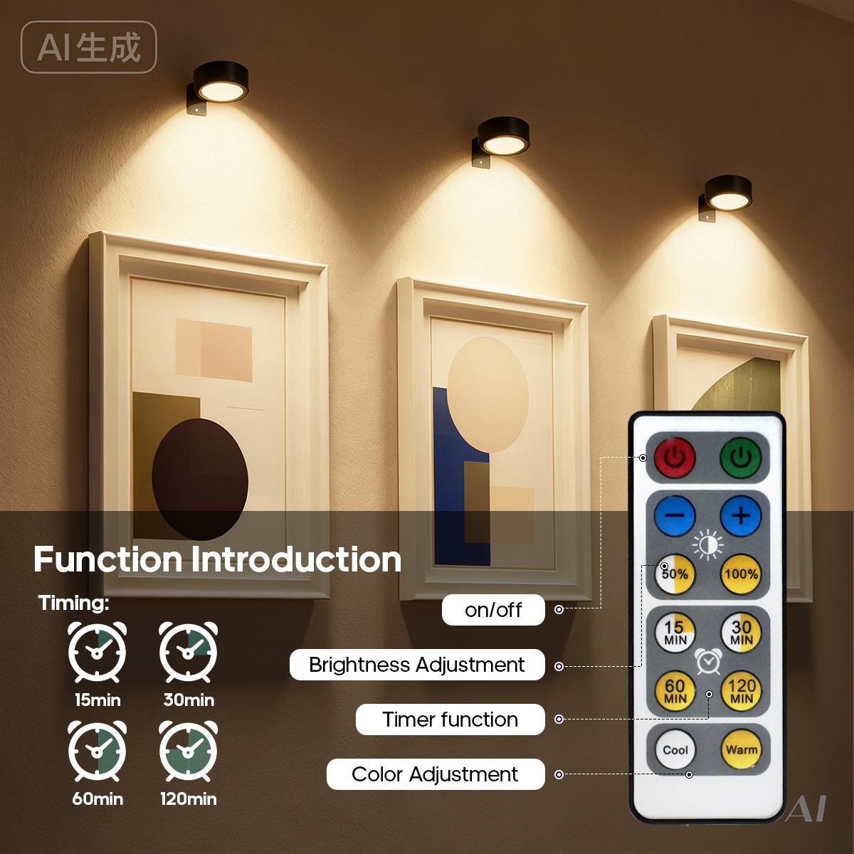 LED Wireless Picture Light with Timer, Adjustable Leds, Adjustable Brightness Art Display Lamp, Home Decoration Lamp, 3 Lighting Modes for Portraits, Wall Decor, Art Frames, Decorative Lighting