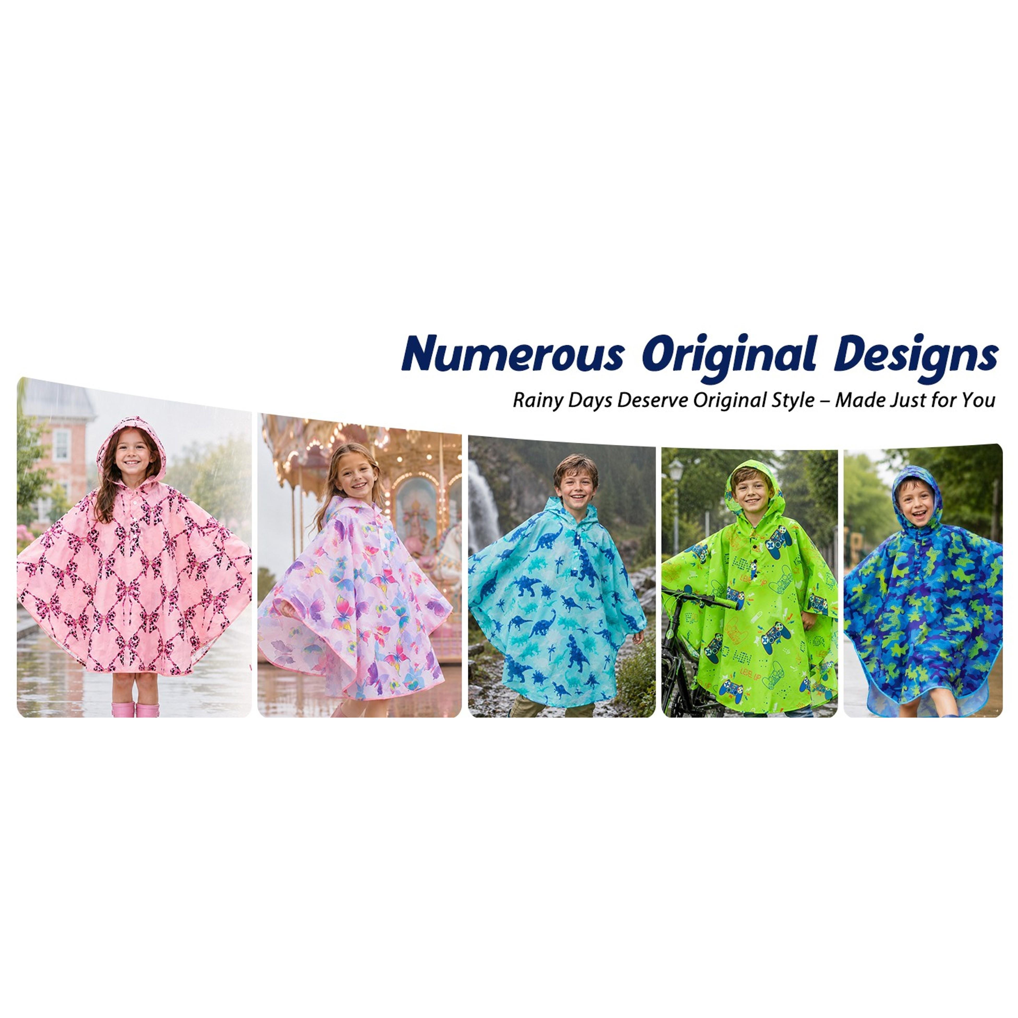 Kids' Game Print Lightweight Waterproof Reusable Hooded Rain Poncho for Boys and Girls