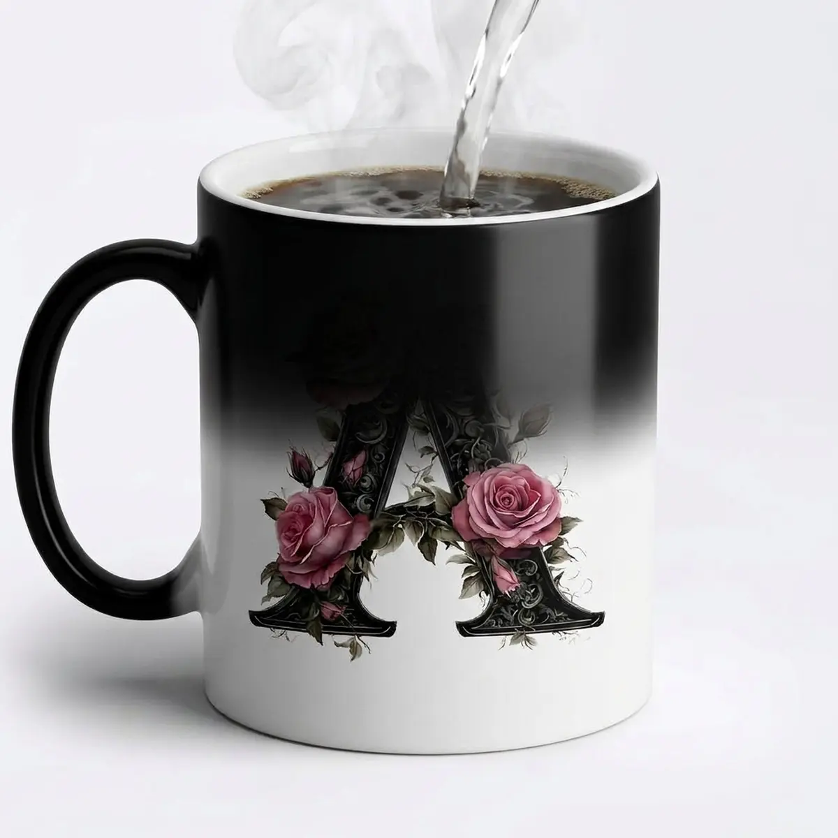 11oz Glossy Gothic Initial Heat-Reveal Color Changing Round Cup - Dark Floral Monogram Ceramic Coffee Mug for Kitchen Drinkware