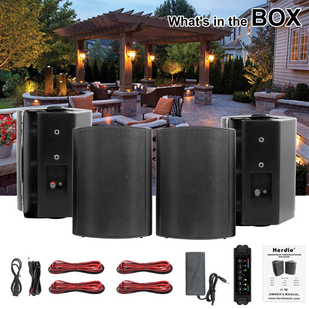 Herdio Wireless Bluetooth Stereo Speakers - Waterproof Outdoor Speakers Audio Kit for Android/iOS Devices, Wall-Mountable (Pair, Black/White),summervibes