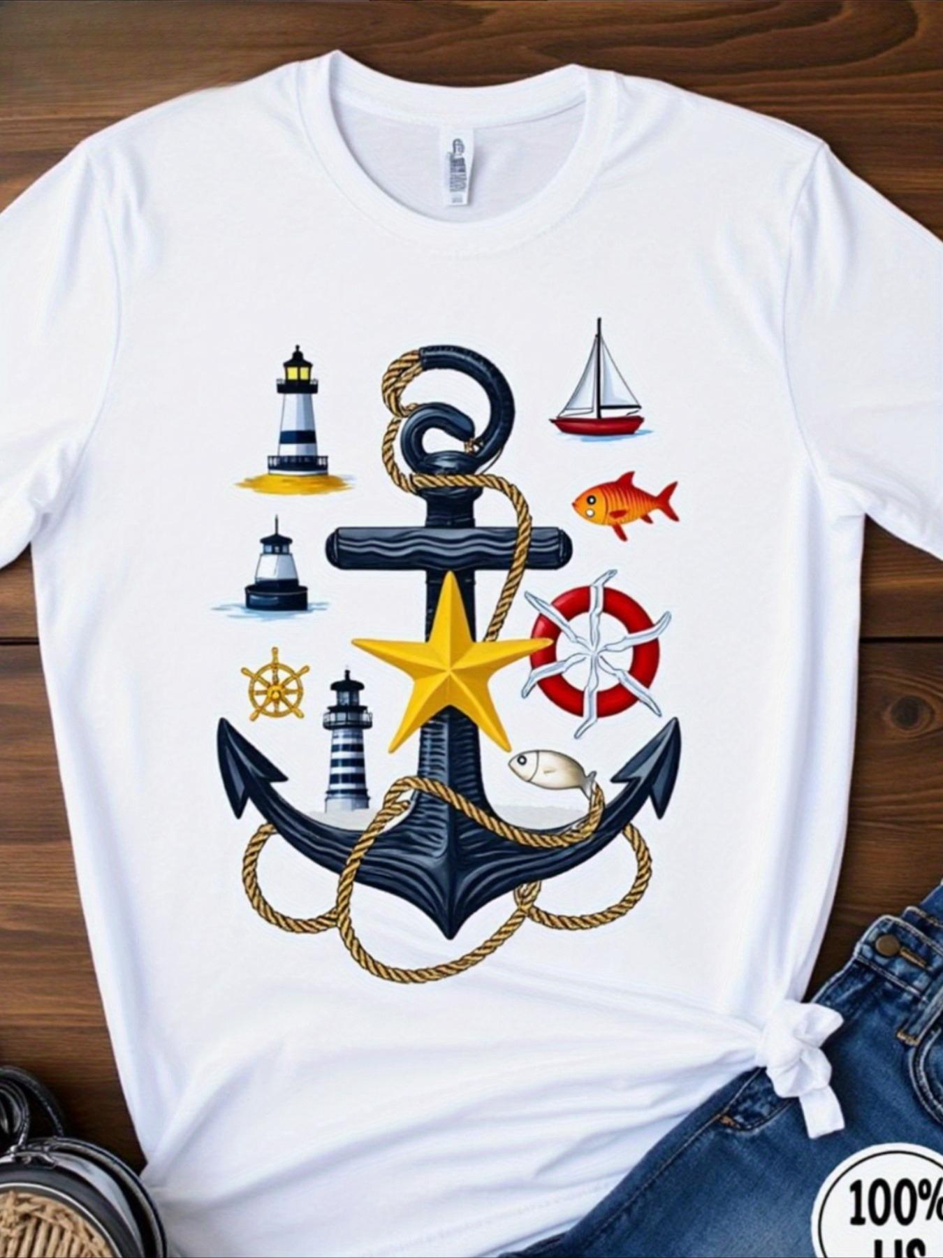 Women's Short-Sleeve White Crew Neck T-Shirt - Nautical Anchor Design, Cloud Fabric, Seamless, Breathable Lightweight Everyday Casual Top for Halloween Christmas Gifts