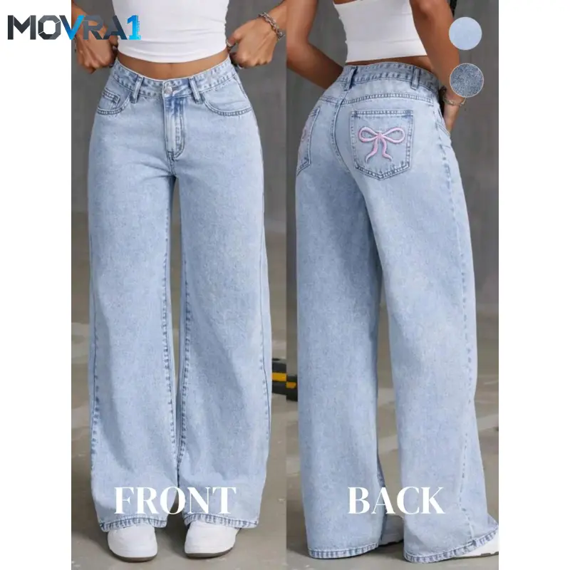 MOVRA1 Women's Plain Bow Embroidery Button Fly Straight Leg Light Wash Waisted Jeans, Casual Comfy Chic Streetwear Pocket Waist Cotton Pants Daily Wear, Ladies Womenswear Bottoms Fall & Winter, Baggy Pants