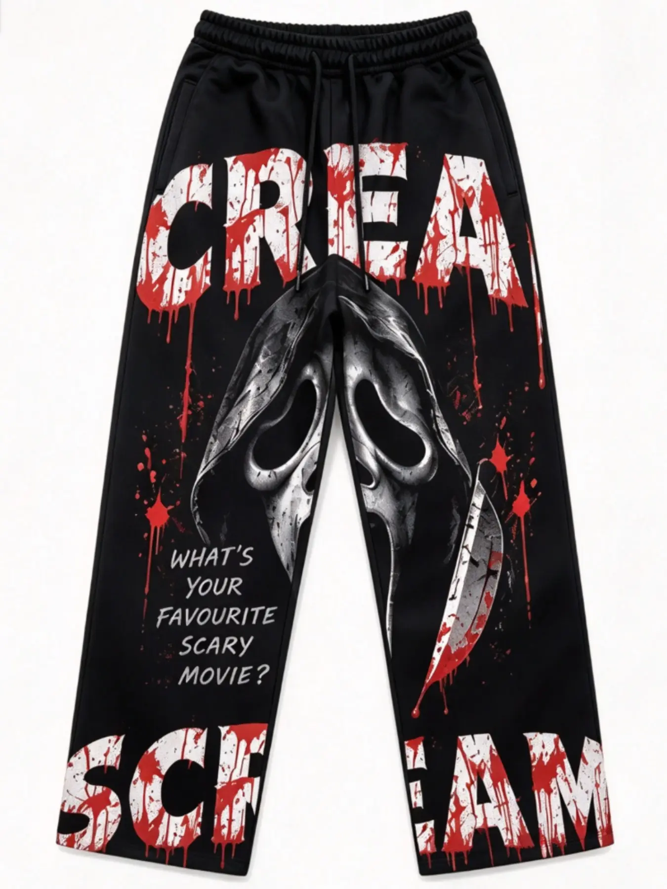 Men's Scream Ghostface Graphic Wide Leg Sweatpants, Horror Movie Blood Print, Elastic Waist Drawstring, Casual Streetwear Pants
