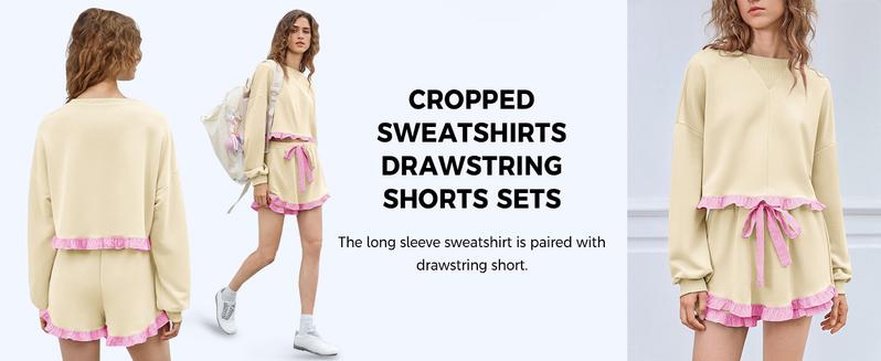 Fisoew Women's 2 Piece Lounge Sets Ruffle Color Block Cropped Sweatshirts Casual Drawstring Shorts Spring Loose Sweatsuits #Springtok #ValentinesDay