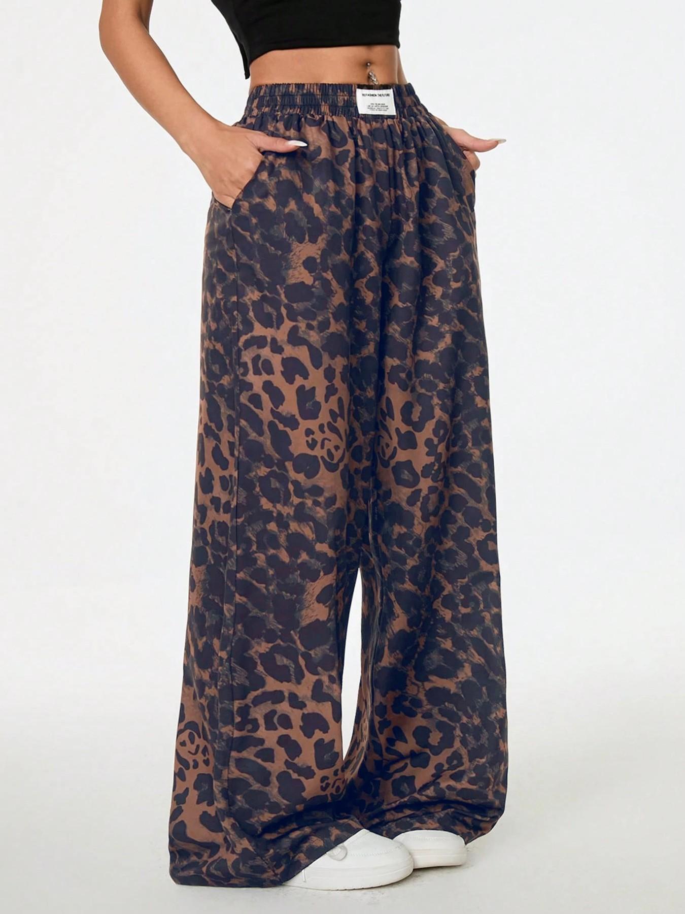 Women's Leopard Print Wide Leg Pants, High Waist Elastic Waist Loose Fit Street Style Long Pants, Fashionable Casual Wear, Casual Street Trousers