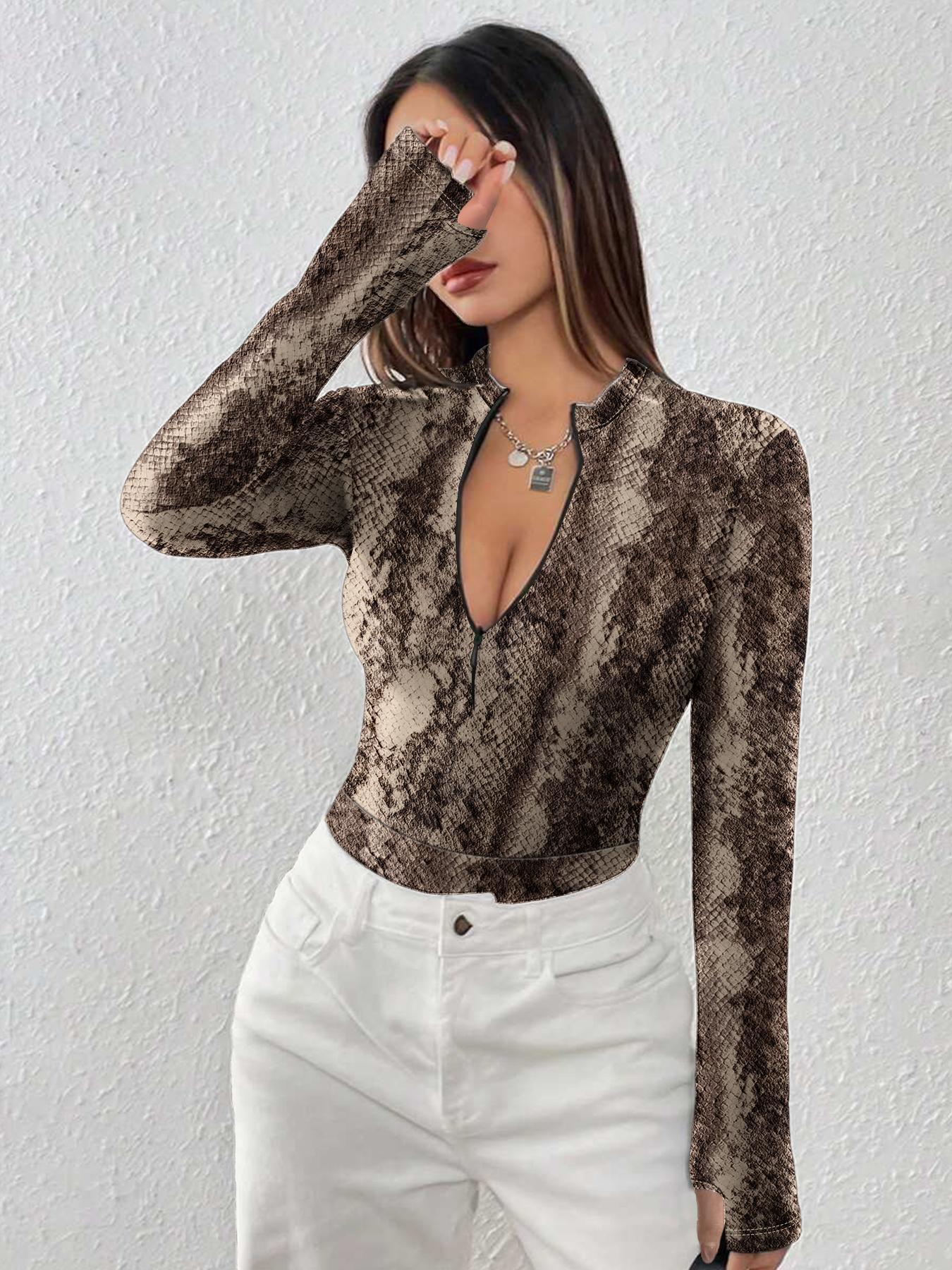 Women's Leopard Print Zipper Thumb Hole Design One-piece Bodysuit, Fashion Casual Long Sleeve Bodysuit for Daily Outdoor Wear, Women Clothes for Spring & Fall, Womenswear