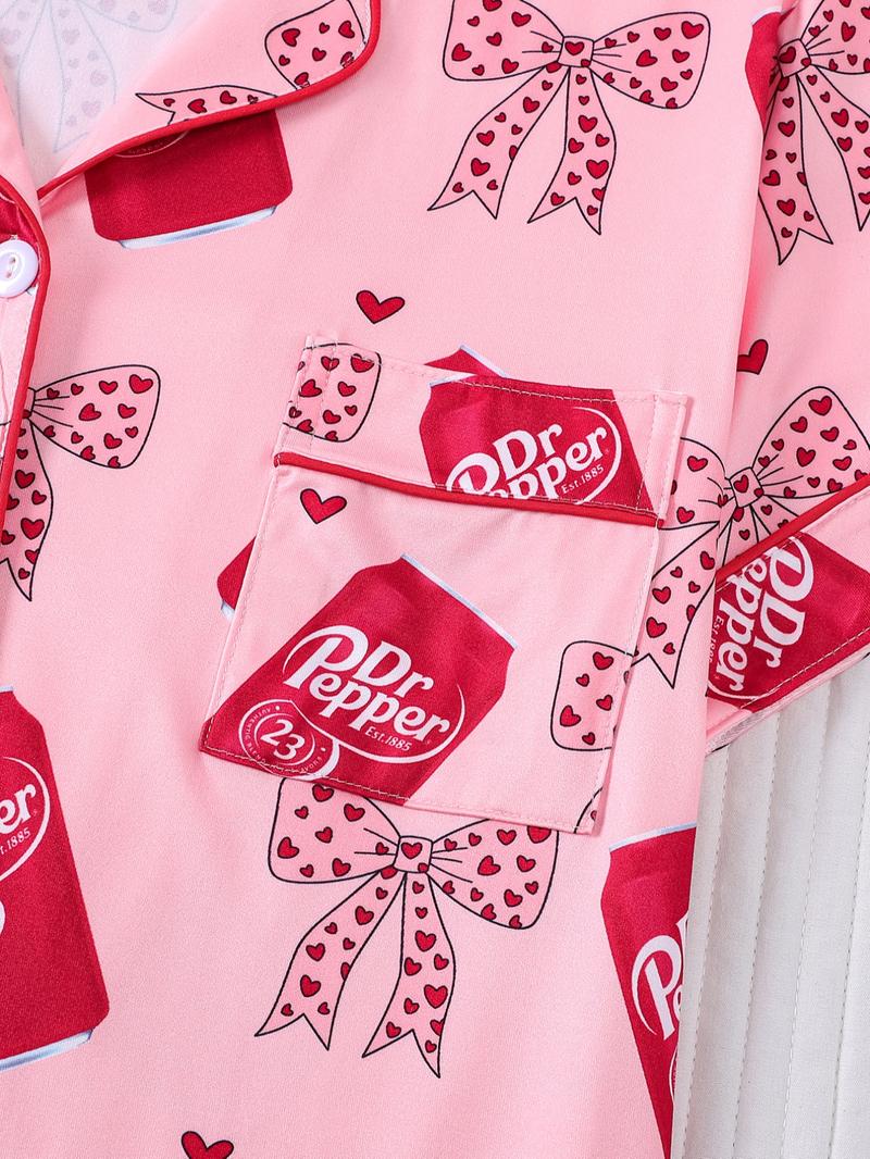 Women's Valentine's Day Spring Summer Set, Heart & Bow Pattern, Fitted Short Sleeve Top & Shorts, Casual All-Season Wear