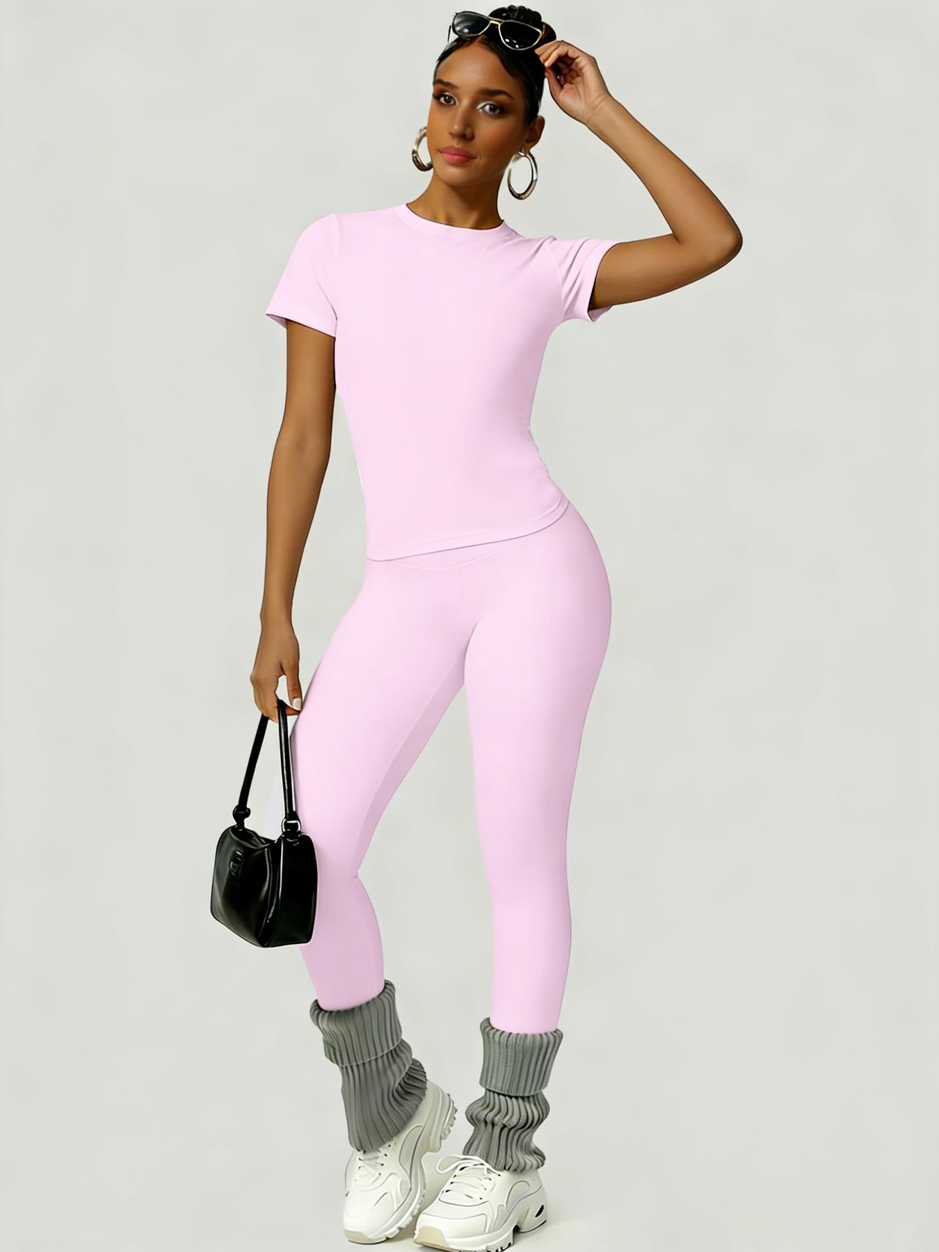 Women's Sporty Slim Fit High-Waisted Yoga Pants & Short Sleeve Round Neck Tee Set, Soft Breathable Activewear for Gym, Running and Outdoor Activities