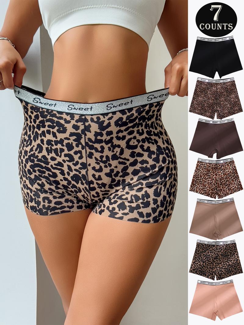 Women's Leopard & Plain Print Contrast Letter Tape Boxer Brief, Soft Comfy Breathable Panty for Daily Wear, Underwear for All Seasons, Casual Breathable Knicker