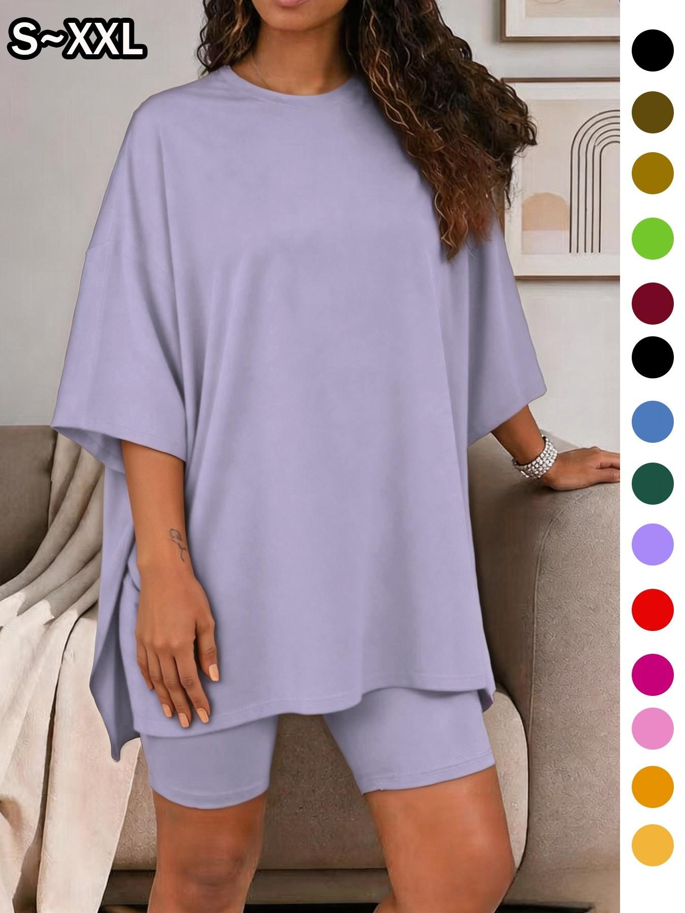 Women's Solid Color T-Shirt and Tight Shorts Set Loungewear, Summer Comfort Round Neck Pajamas, Casual Pocket Design, Suitable for Outdoor Wear