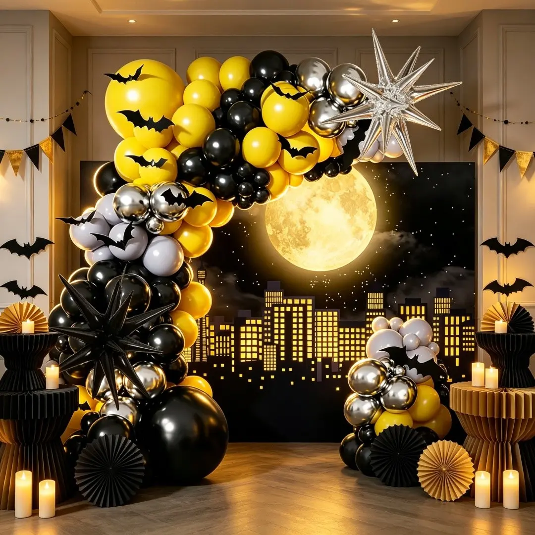 142pcs Silver Color Balloon Garland Kit, Superman Batman Theme Party Decor, Halloween & Birthday Backdrop