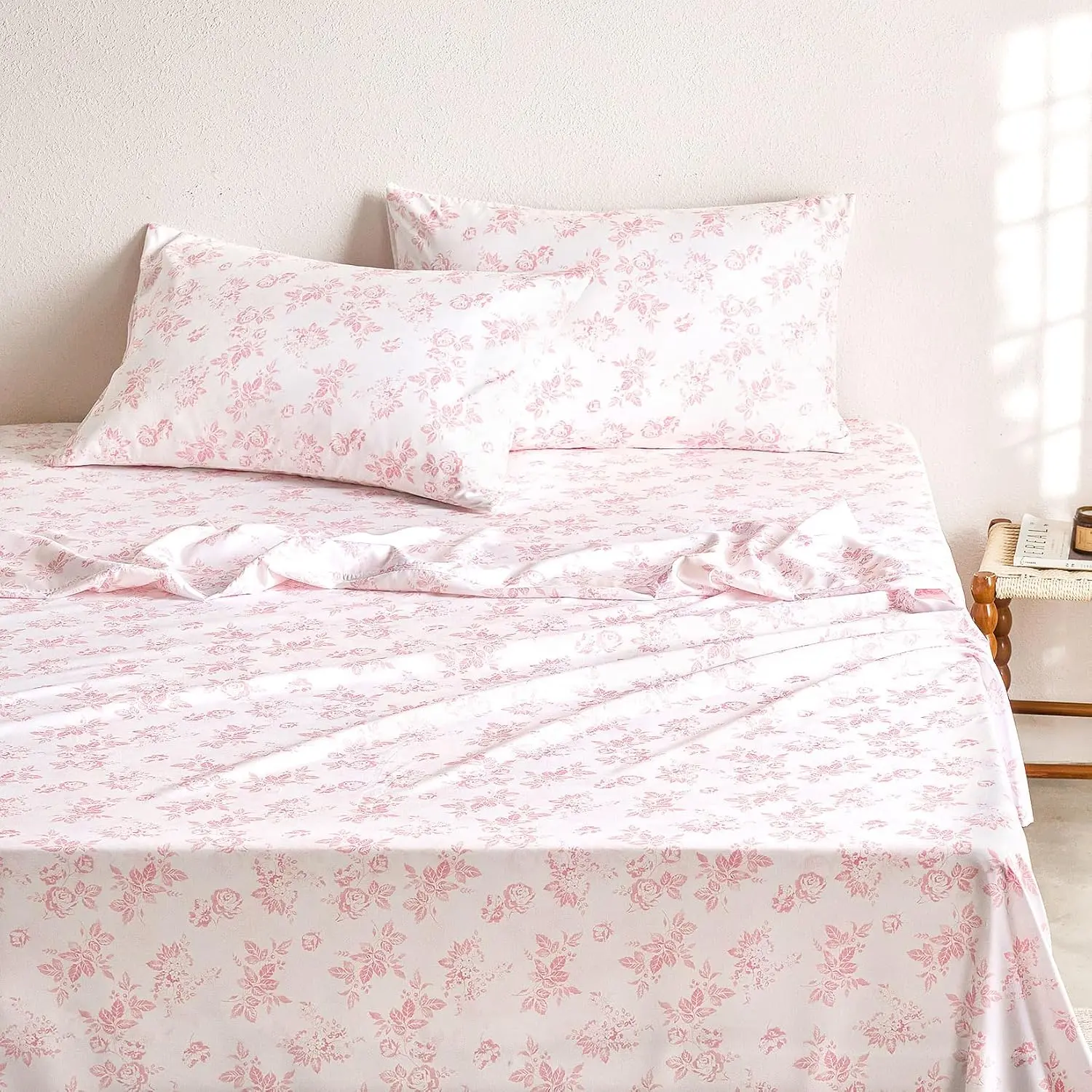 - Floral Bed Sheets, 4-Piece Sheet Set, Botanical Coquette Cottagecore Vintage Pattern Printed Bedding, Deep, Pink, Queen Size