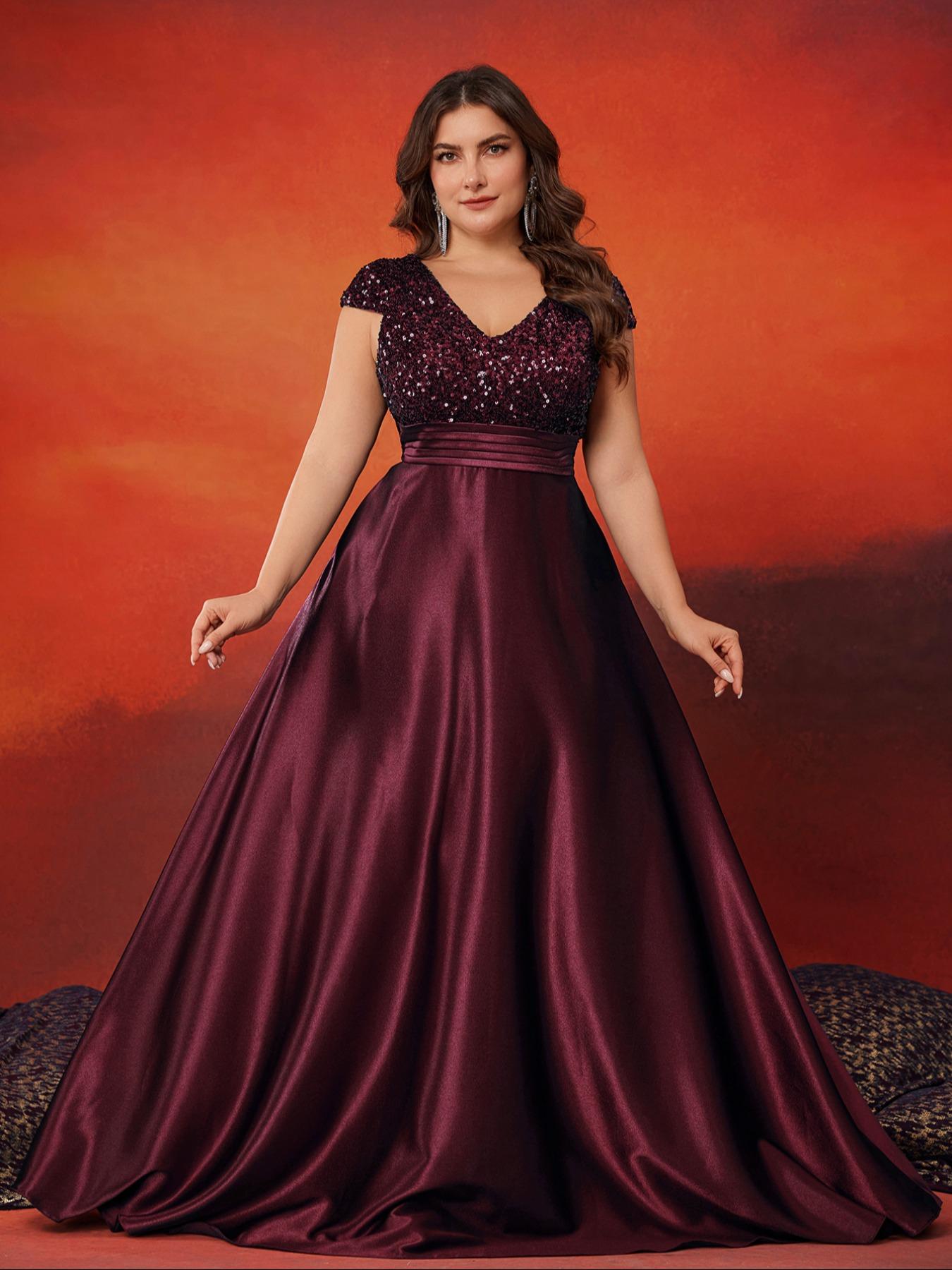 Women's Elegant Evening Dress, V Neck a Line Formal Gown, Sequins Patchwork  Satin Sleeves, Summer Large Size Party Wear - TikTok Shop