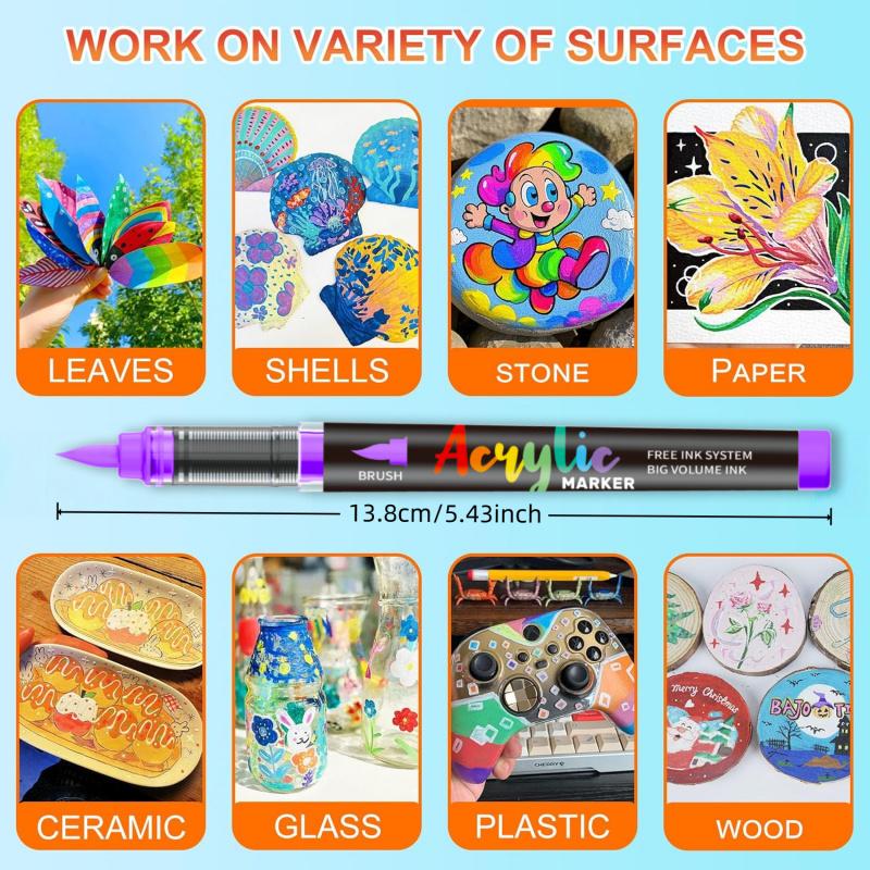 Acrylic Paint Markers Set, With Foldable Triangle Storage,Acrylic Paint Pens Brush Tip for Rock Painting, Wood, Glass, Stone, Canvas, Ceramic, Fabric,DIY Craft,Art Supplies for Adults,Art Mrkers