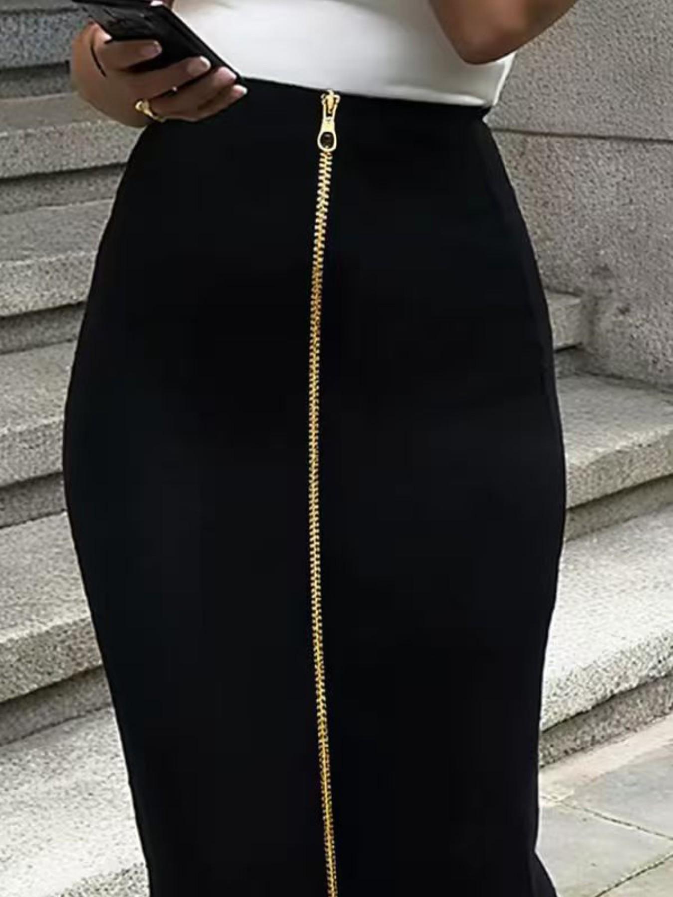 Women's High-Waisted Bodycon Skirt, Metal Zipper, Metallic, Slim-Fitting, Fitted Skirt, Long, Elegant, Chic, Office Wear, All Seasons, Plain Pattern, Womenswear