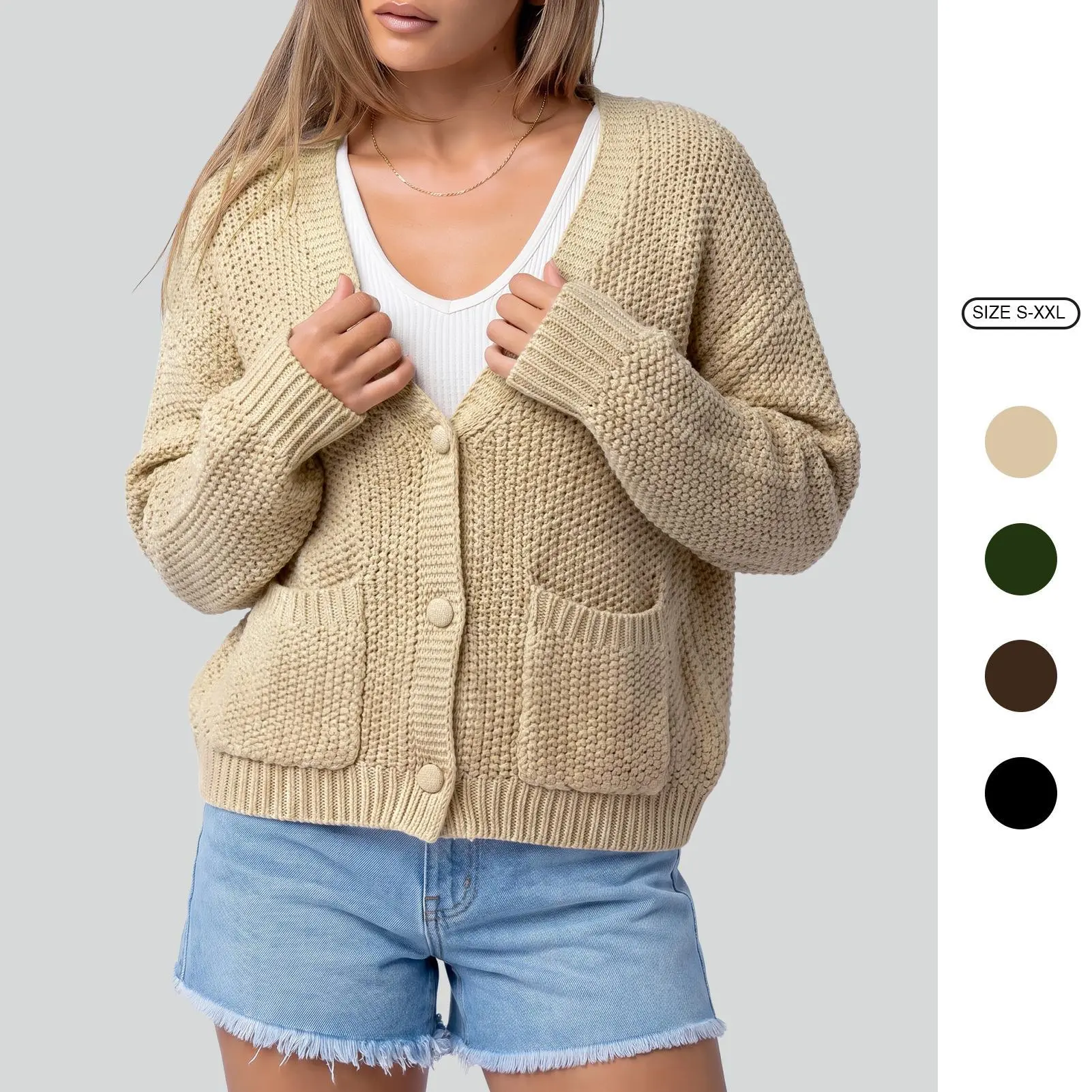 Imily Bela V Neck Chunky Knit Cardigan Women Long Sleeve Pocket Button Loose Cropped Sweater