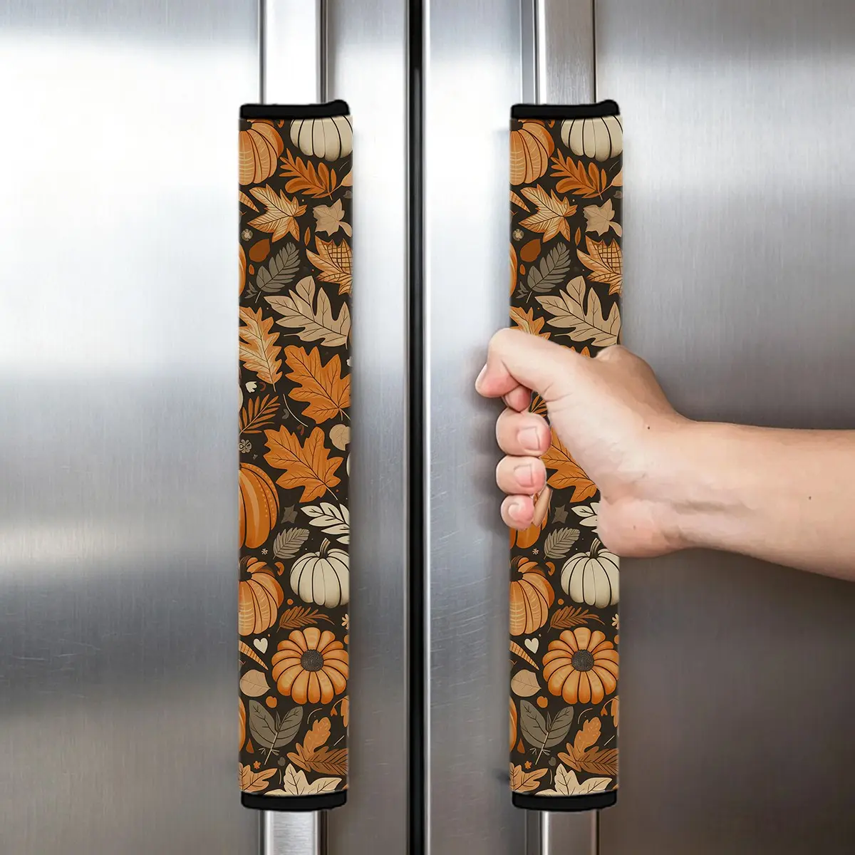 2pcs Autumn Maple Leaf Pumpkin Refrigerator Handle Covers, Halloween Thanksgiving Kitchen Decor, Elastic Fabric for Appliances