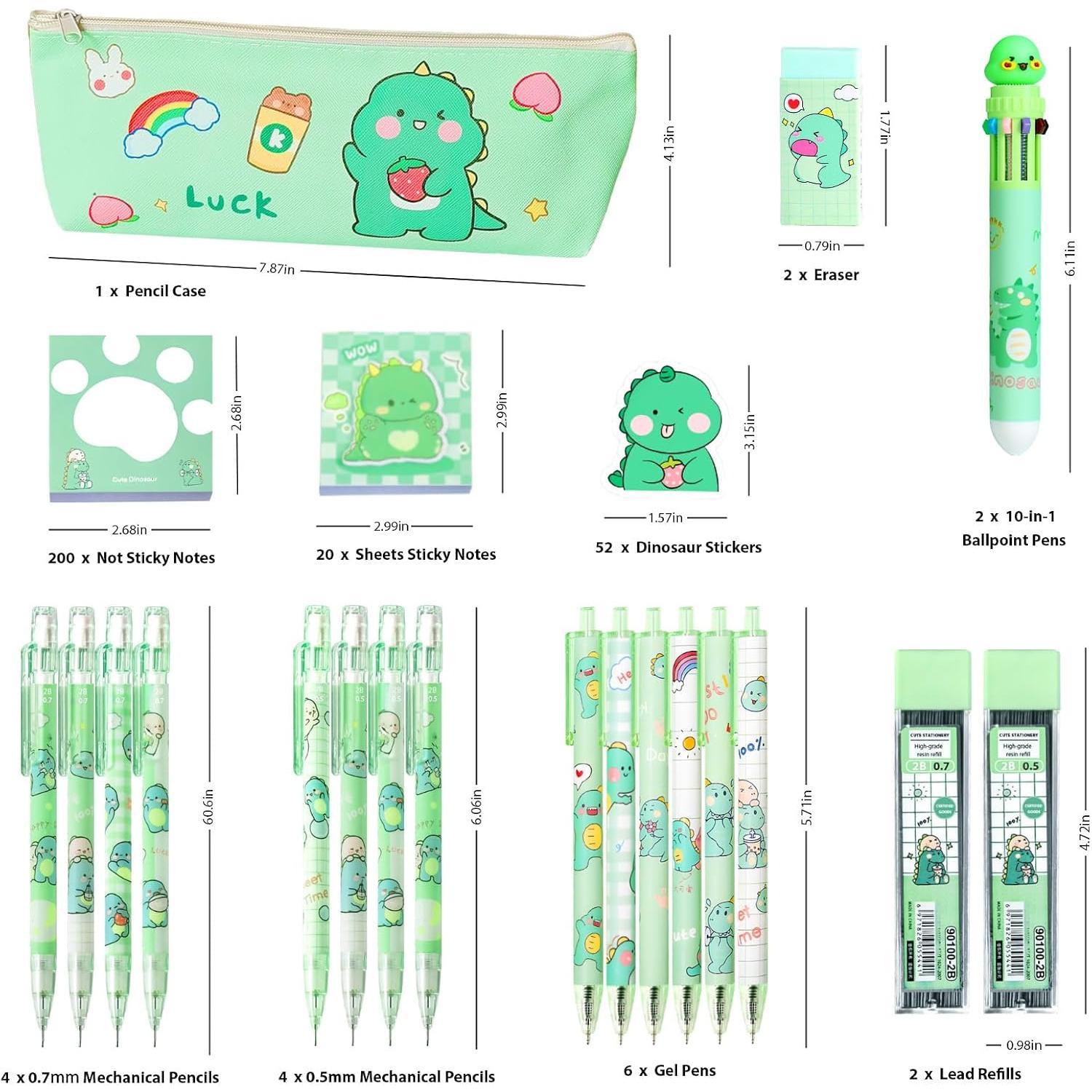 Dinosaur School Supplies Set, Cute Stationery  Set for  to School | Kawaii  to School Supplies Including Erasers,Mechanical Pencils,Pens,Stickers,Ballpoint Pens,Pencil Holder