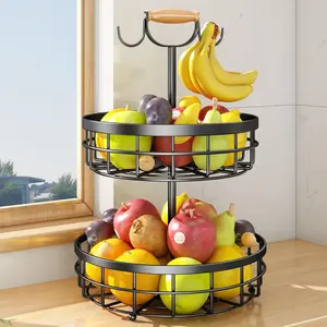 2-Tier Fruit Basket Bowl Vegetable Storage with 2 Banana Tree Hanger and  Lift Handle, Kitchen Countertop Metal Wire Basket for Bread Onions Potatoes (Black, 2 Tier)