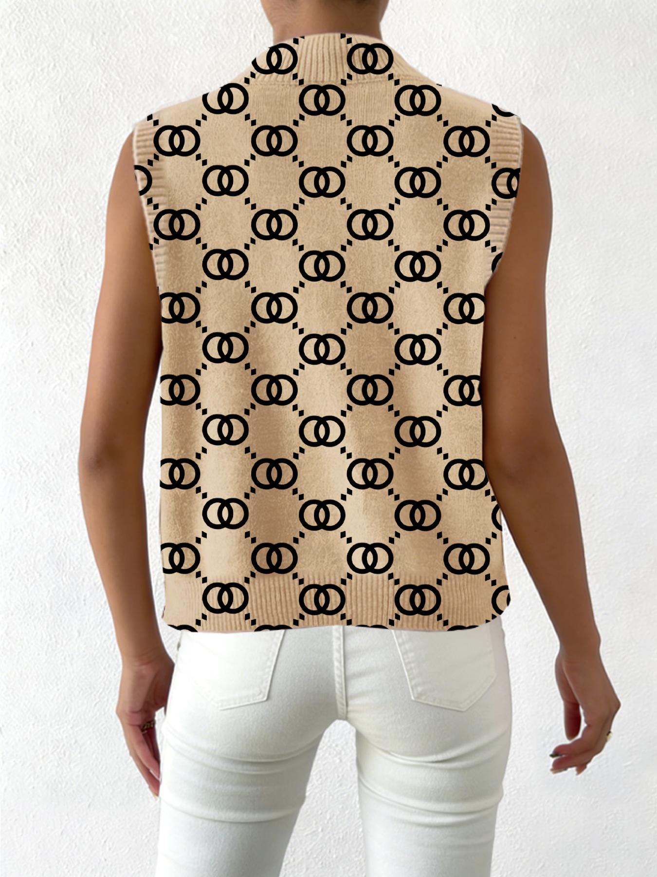 Women's Geometric Patchwork Print Stand Collar Short Fitted Sweater, Casual Sleeveless Knit Top for Spring Fall Winter, Comfortable All-Season Wear