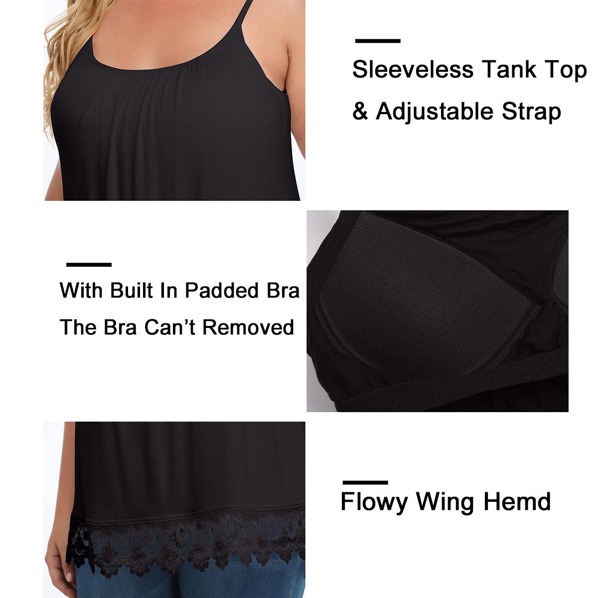 Women's Cute Summer Tank Top with Built in Bra Loose fit Casual Flowy Swing Pleated Cami Vest Adjustable Strap Sleeveless Soft Womenswear, Regular Size Camisole, Plus Size Clothing