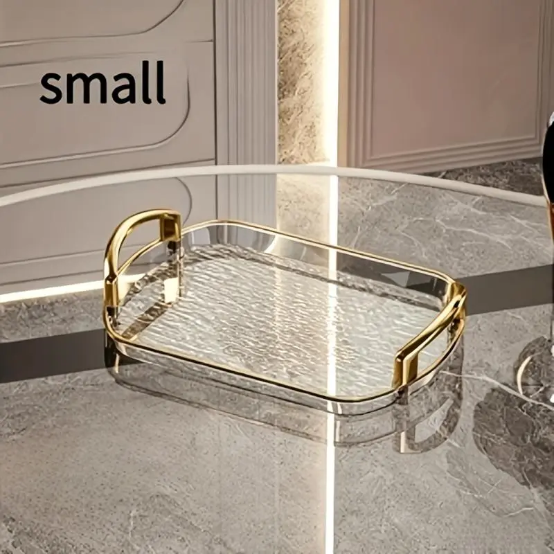 An Elegant Small Tray Made of Transparent Glass Plastic with a Golden Color Scheme - a Stylish Rectangular Tray, Bathroom Tray, Perfect for Home Use, Bathrooms, Dining Rooms, and Parties - an Ideal Choice for Decoration and Storage