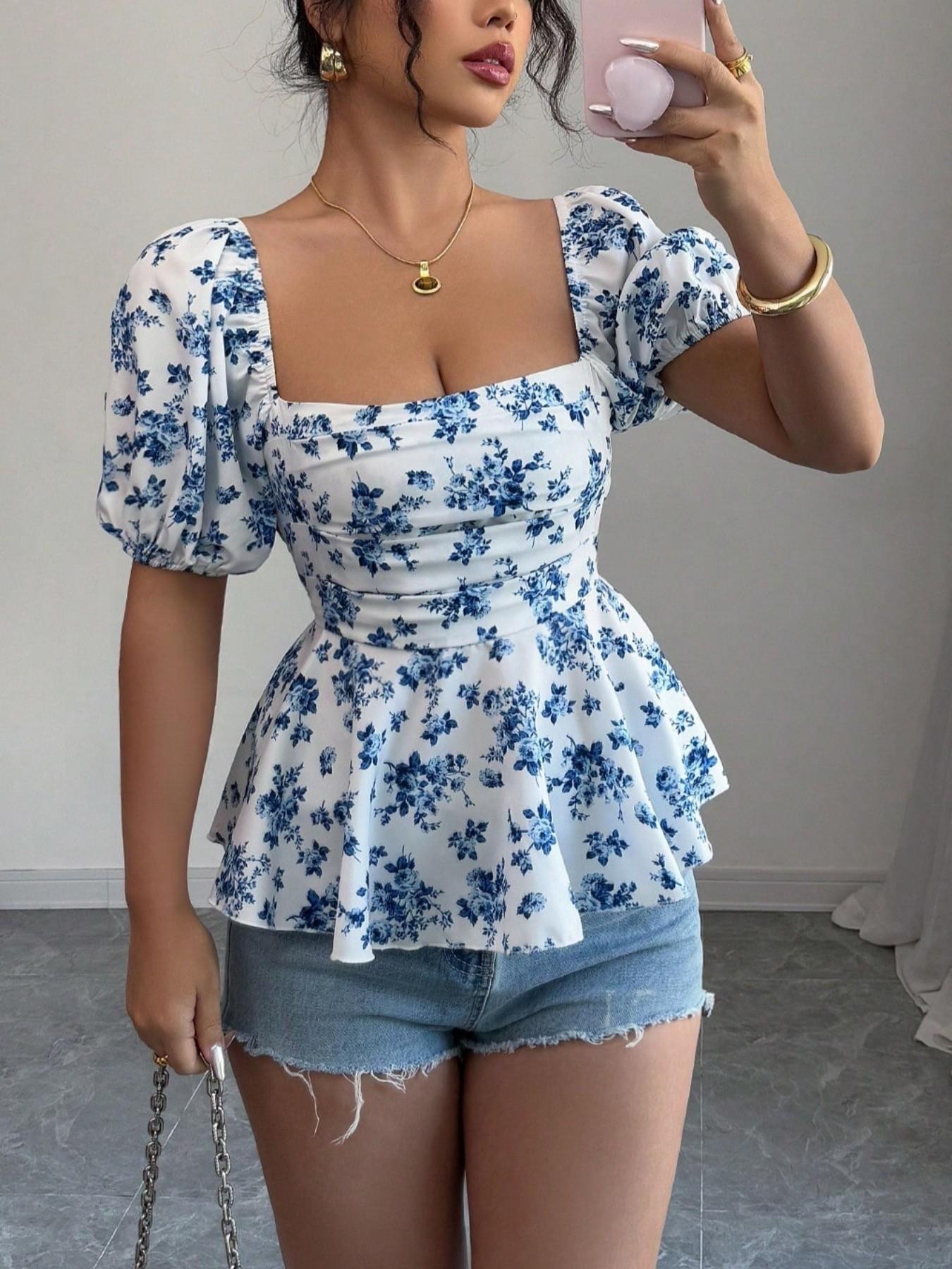 Women's French Vintage Ditsy Floral Bubble Sleeve Top Blouse