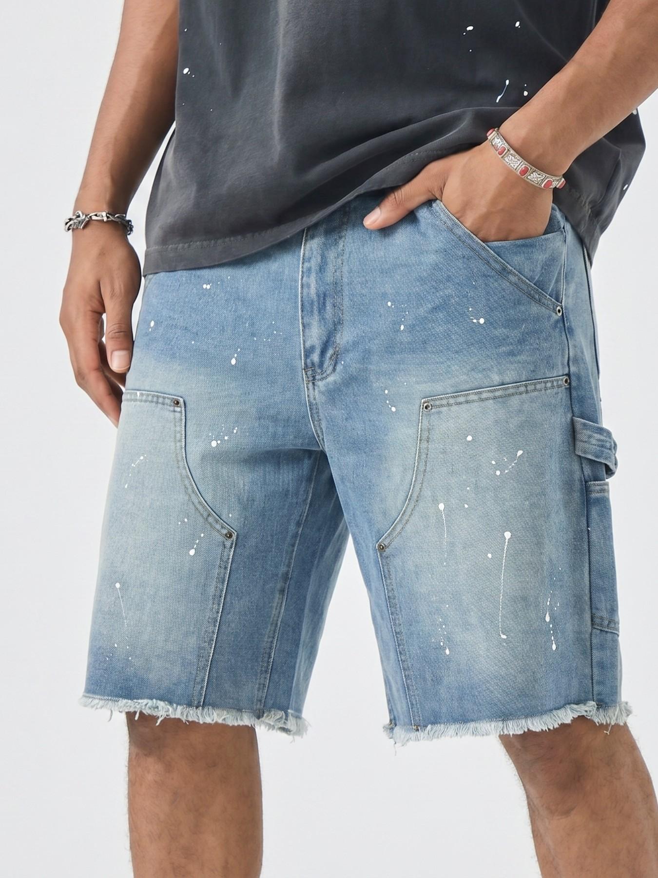 Men's Summer Washed Ink Splatter Distressed Ripped Denim Jeans Shorts, Casual Loose-Fit Straight-Leg Hip Hop Streetwear Shorts with Pockets