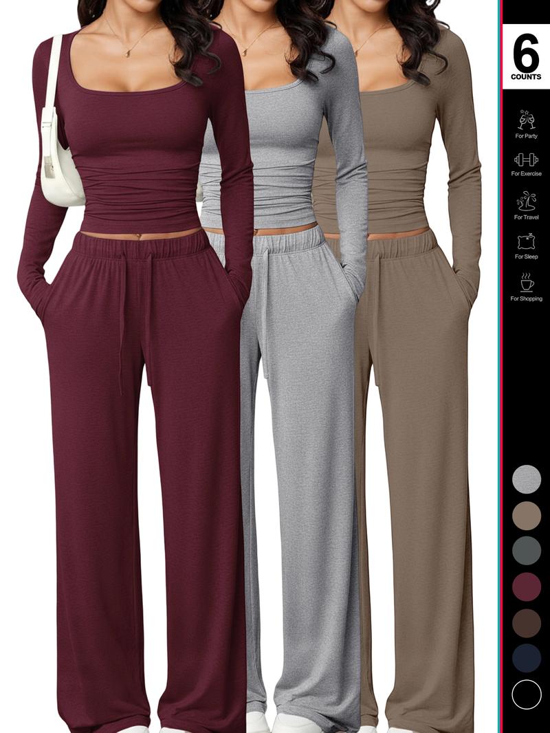 Women's 2 Piece Matching Lounge Set, Square Neck Long Sleeve Crop Top, High Waisted Wide Leg Drawstring Pants, Casual Sweatsuit