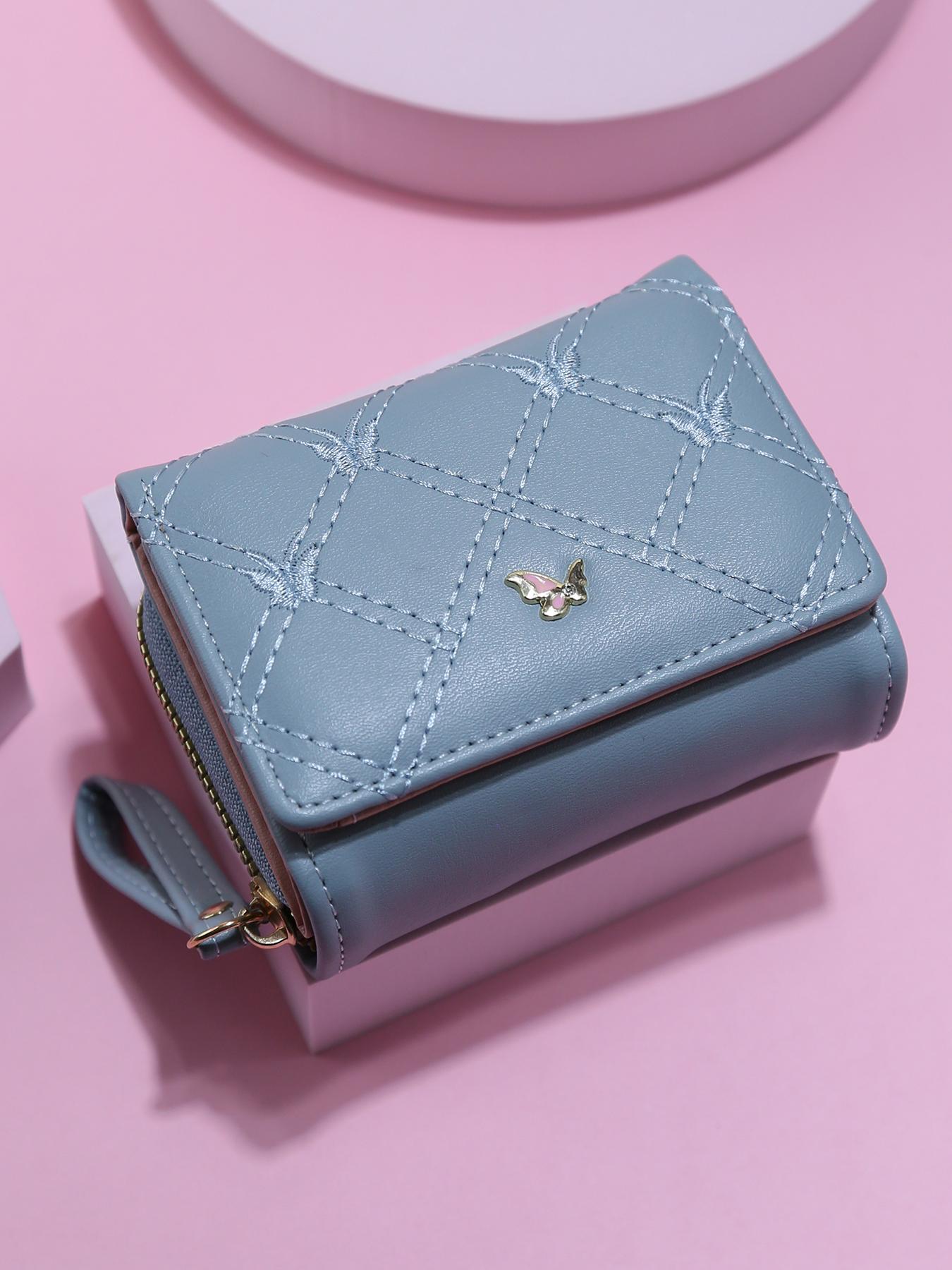 Trendy Mini Soft Leather Wallet for Women, Diamond Pattern Butterfly Metal Decoration, Multi-Card Slot ID Holder Handbag Portable Coin Purse