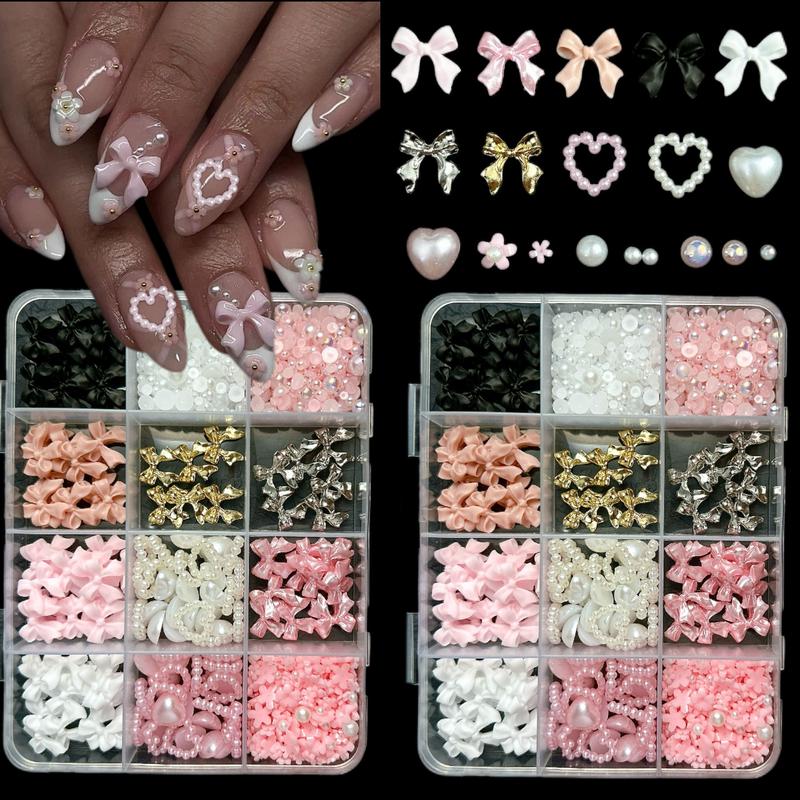 1 Box Pure Color Bow Resin Nail Charms Minimalist Half Round Pearl Alloy Bows Nail Art Decorations DIY Phone Case Nail Crafts