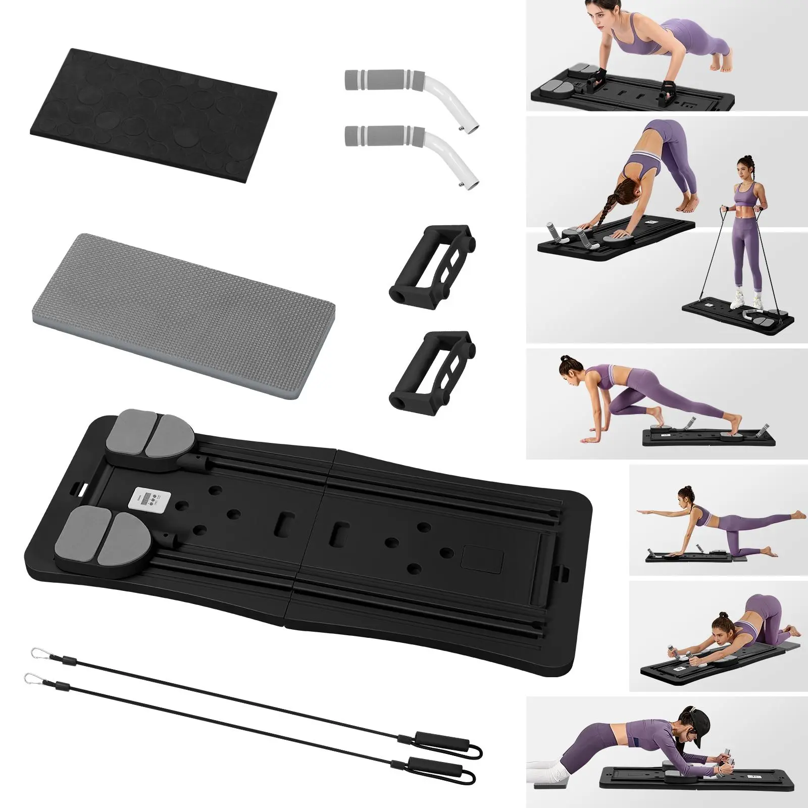 Compact Pilates Board - Multifunctional Foldable Home Ab Core Trainer with Auto Rebound Track, Timer, Includes Bands, Full-Body Core Workouts Equipment for Home Gym Strength Training