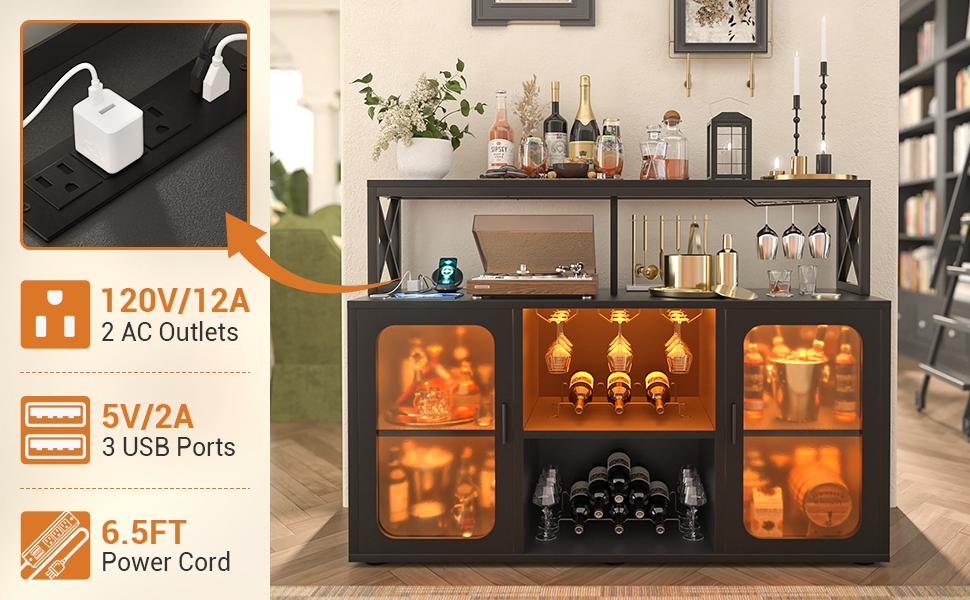Cyclysio Freestanding Wine Bar Cabinet with RGB LED Lights ＆ Charging Station,Sideboard Buffet Cabinet,Coffee Bar Liquor Cabinet with Glass Holder