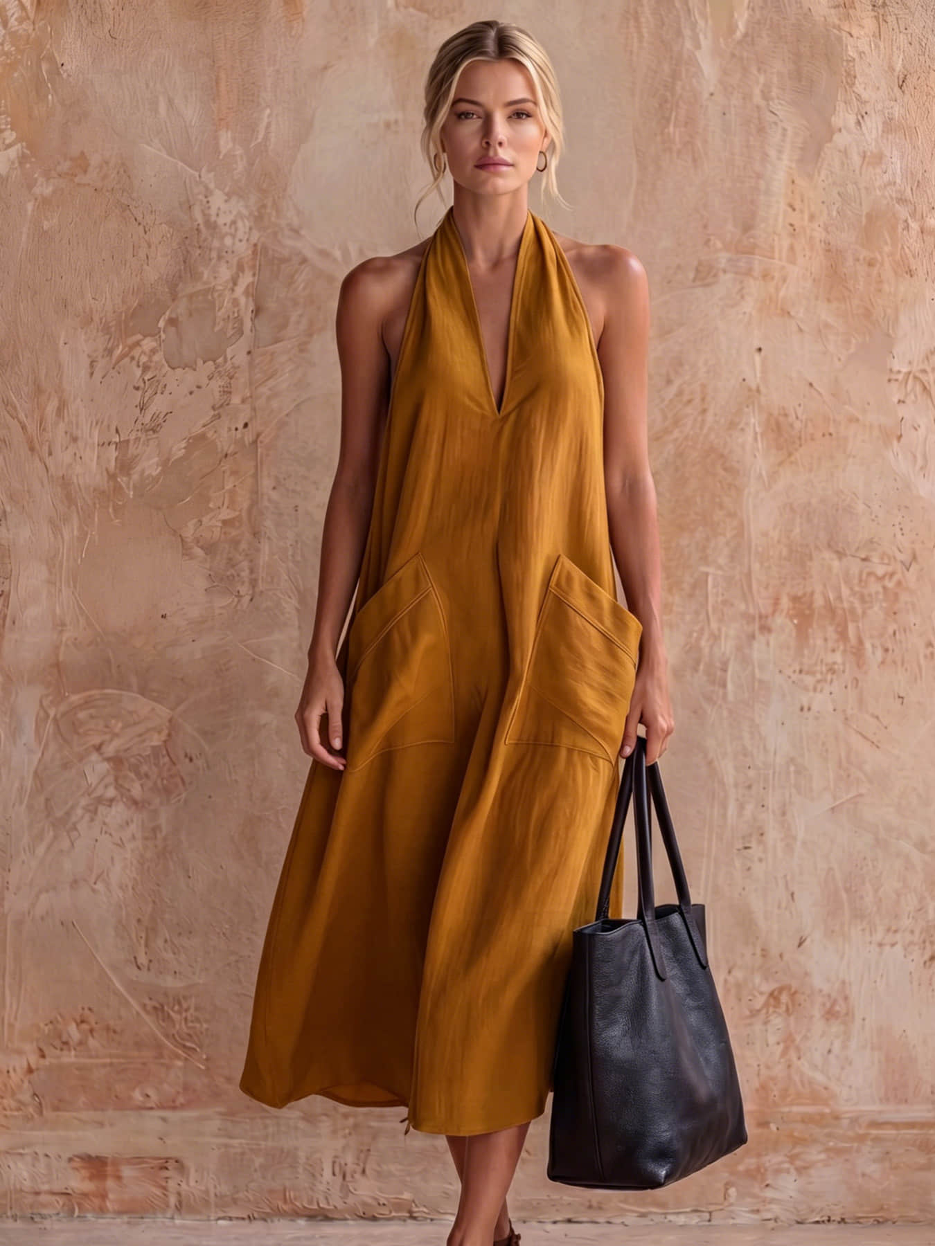 A fashionable women's neck hanging V-neck dress, summer Minimalist Casual loose sleeveless mid length lazy vacation long dress beach party dress suitable for beach vacation, coffee shop relaxation, afternoon tea, daily commuting, light office banquet