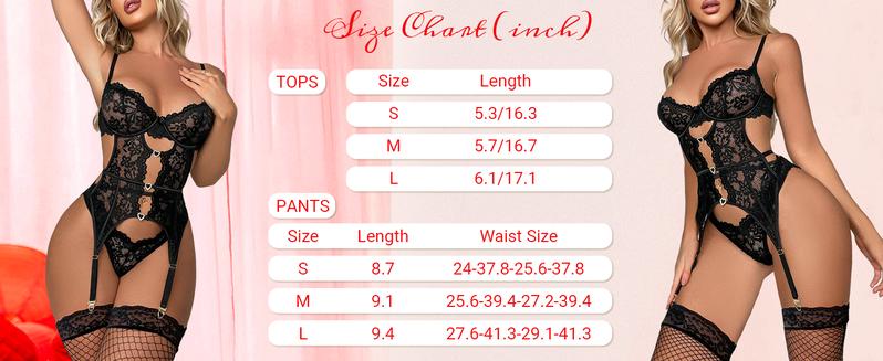 Women's Floral Lace Mesh Lingerie Set Teddy Babydoll Bodysuit with Garter Belts Valentine's Day Christmas Gift Minimalist Nightgown Sleepwear