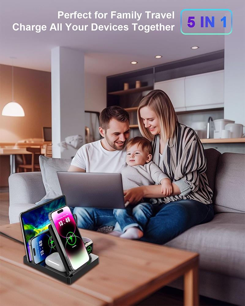 Smart Multi-Device Fast Wireless Charging Station, Foldable Charger Stand, Smart Charging Dock, Compatible with iPhone Samsung Series Apple Watch, Lightweight USB Design