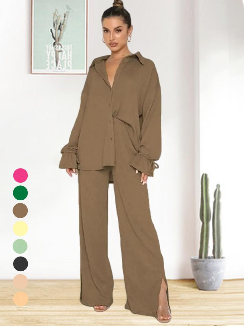 Women's Solid Button Front Shirt & Split Hem Pants Set, Casual Comfy Basic Flounce Sleeve Top & Wide Leg Trousers for Daily Wear, Women's Clothing
